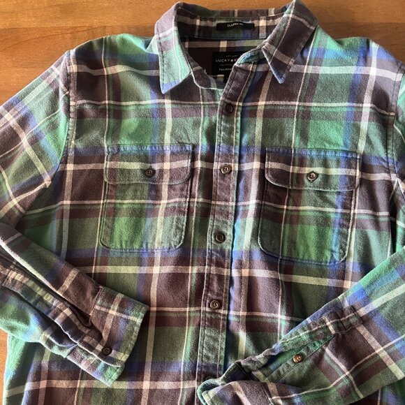 Lucky Brand Saturday Stretch Men's Medium Shirt Plaid Deebo Flannel Multicolor - Picture 2 of 9